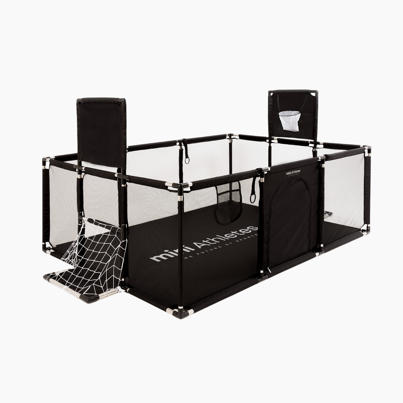 Grondbox voor babys en peuters - Babybox - Zwart - Speelbox - Kinderbox - Voor actieve kinderen - Stimuleert sport en beweging - 180x120cm - met voetbalgoaltjes en basketball ringen - Perfecte box voor je zoontje of dochtertje